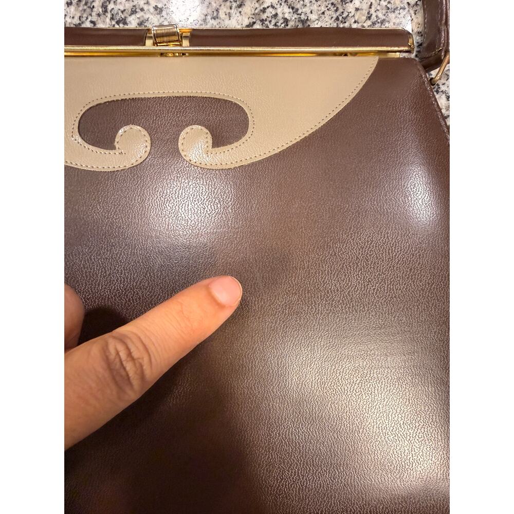 Vintage 1950s Brown & Cream Structured Top Handle Handbag - Picture 12 of 13
